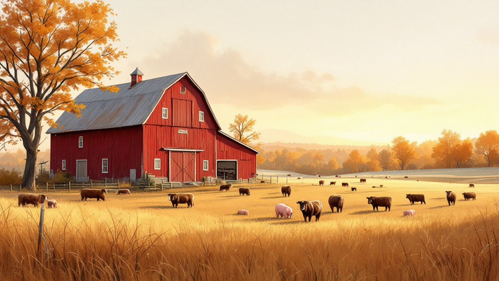 Ferme québécoise avec grange rouge, bovins et porcs au pâturage